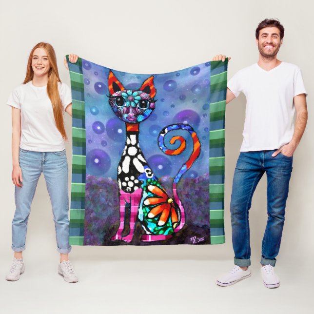 Whimsical Big-Eyed Funky Kitty Cat Abstract Fleece Blanket (In Situ)