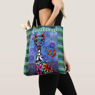 Whimsical Big-Eyed Funky Kitty Cat Personalized Tote Bag