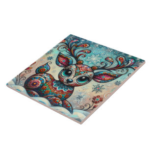 Whimsical Big Eyes Christmas Reindeer Folk Art Ceramic Tile