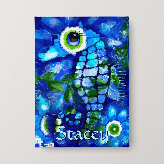 Whimsical Big-Eyes Seahorse Art Blue Personalized Button (Front)