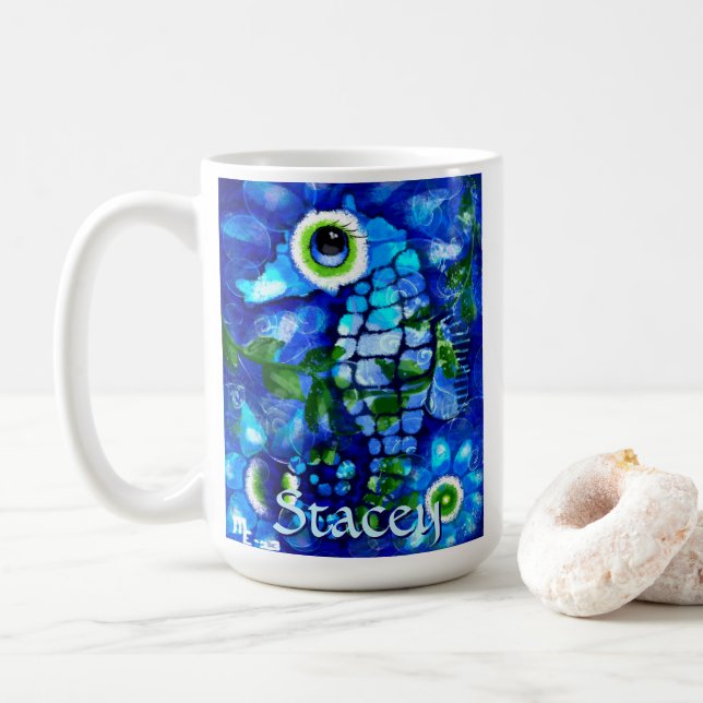 Whimsical Big-Eyes Seahorse Art Blue Personalized Coffee Mug (With Donut)