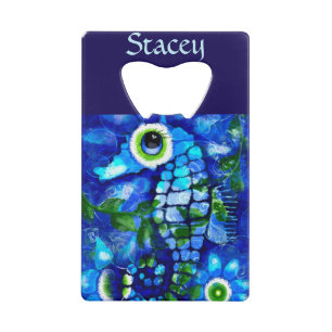 Whimsical Big-Eyes Seahorse Art Blue Personalized Credit Card Bottle Opener