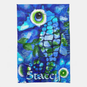 Whimsical Big-Eyes Seahorse Art Blue Personalized Kitchen Towel