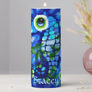 Whimsical Big-Eyes Seahorse Art Blue Personalized Pillar Candle
