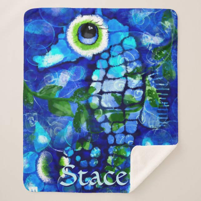 Whimsical Big-Eyes Seahorse Art Blue Personalized Sherpa Blanket (Front)
