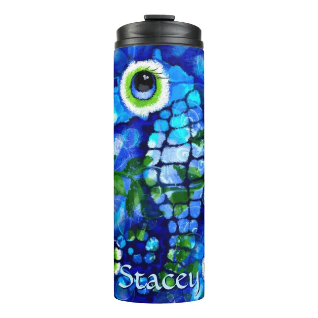 Whimsical Big-Eyes Seahorse Art Blue Personalized Thermal Tumbler (Front)