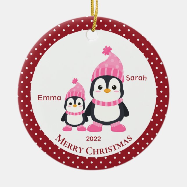 Whimsical Big Sis & Lil' Sis Penguins Personalized Ceramic Ornament (Front)