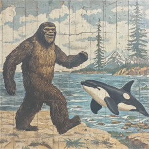 Whimsical Bigfoot and Orca Sticker