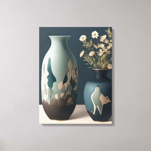 Whimsical Bird and Botanical Motif Vases with Gold Canvas Print