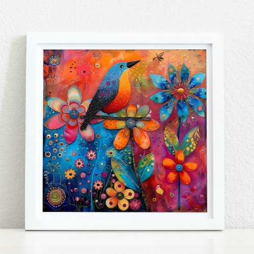 WHIMSICAL BIRD AND FLORAL POSTER