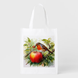 Whimsical Bird & Apple Delight Grocery Bag