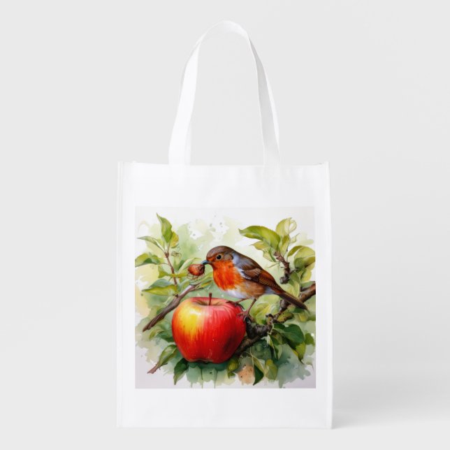 Whimsical Bird & Apple Delight Grocery Bag (Front)