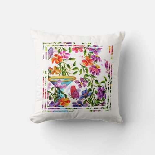 Whimsical Bird Bath Throw Pillow