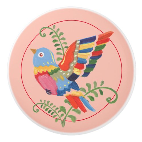 Whimsical Bird Colorful Folk Rustic Nursery Pink Ceramic Knob