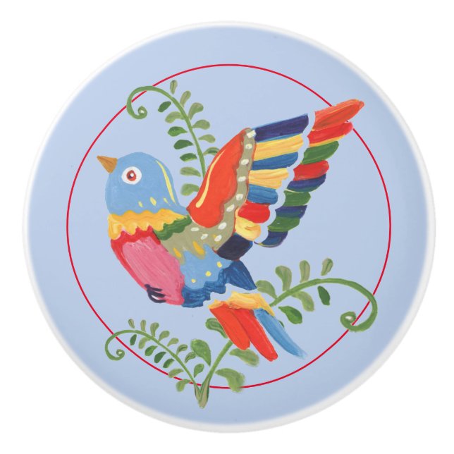 Whimsical Bird Colorful Folk Rustic Retro Blue Ceramic Knob (Front)