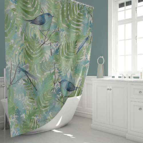 Whimsical Bird Dragonflies Blue Botanical Shower Curtain