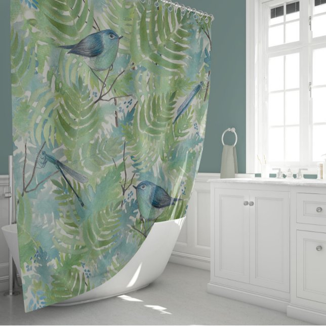 Whimsical Bird Dragonflies Blue Botanical Shower Curtain (Elegant Birds Dragonflies Blue Fern Plants Floral Shower Curtain from Studio Posies.)