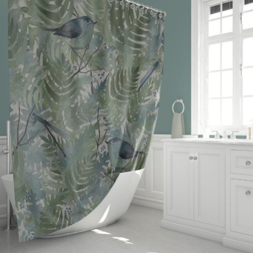 Whimsical Bird Dragonflies Botanical Shower Curtain