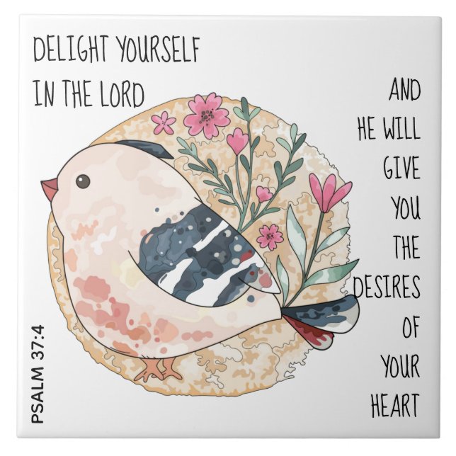 Whimsical bird & flowers, w/ verse from Psalm 37:4 Ceramic Tile (Front)