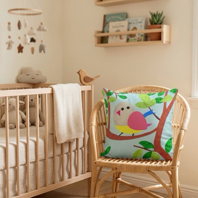 Whimsical Bird in Tree Textured Illustration Throw Pillow (Creator Uploaded)