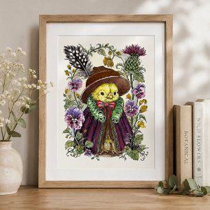 Whimsical Bird in Victorian Outfit with Wildflower Poster