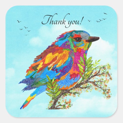 Whimsical Bird on a Branch Thank You Sticker