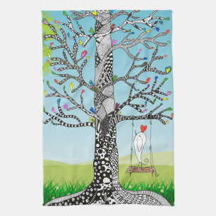 Whimsical Bird on a Tree Swing Kitchen Towel
