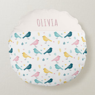 Whimsical Bird Pattern Personalized Pink & Teal Round Pillow