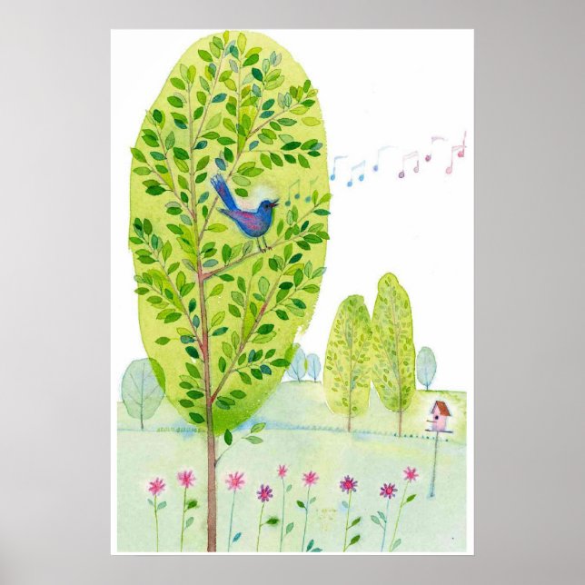 whimsical bird singing Watercolor Poster (Front)