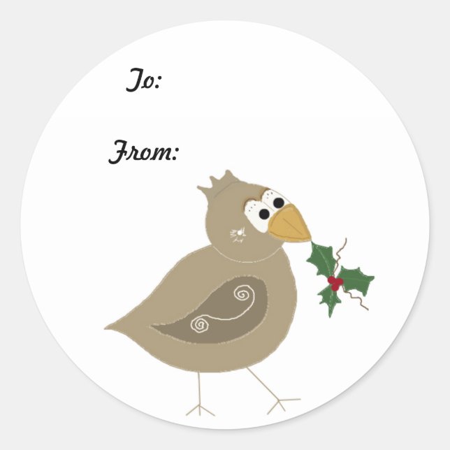 Whimsical Bird with a Sprig of Holly Classic Round Sticker (Front)