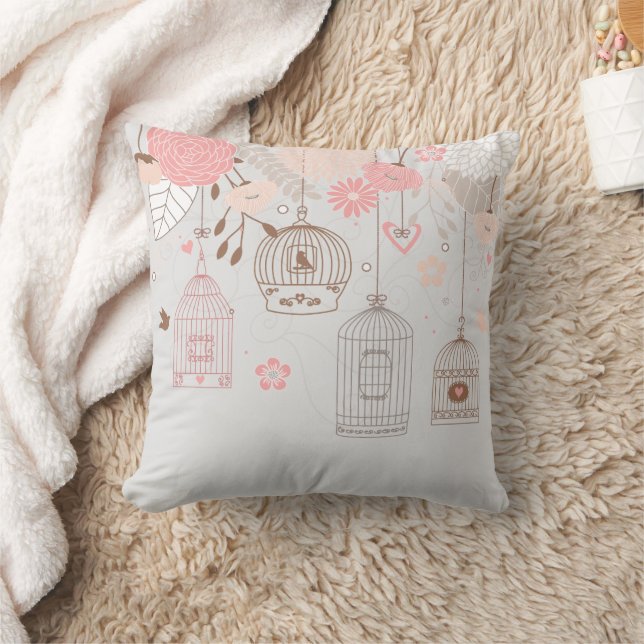 Whimsical Birdcages & Floral Throw Pillow (Blanket)