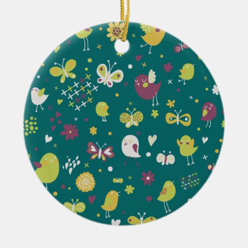 Whimsical Birds and Butterflies Ceramic Ornament