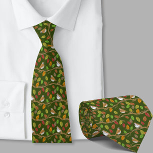 Whimsical Birds and Leaves Pattern Neck Tie