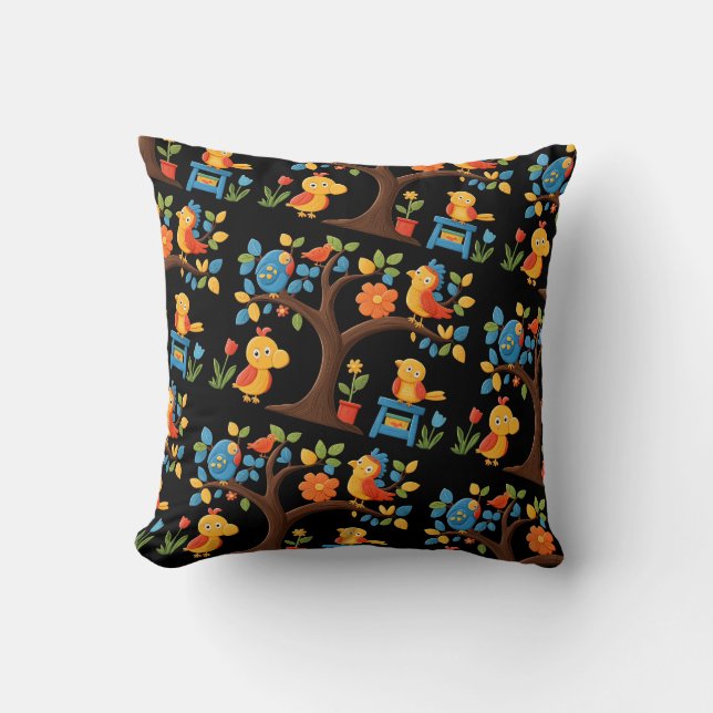 Whimsical Birds & Blossoms Throw Pillow.\ Pillow (Front)