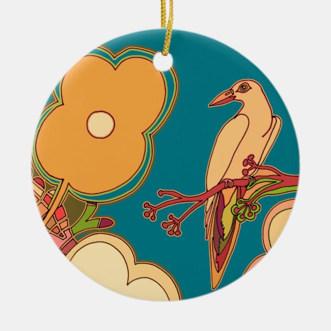 Whimsical Birds Ceramic Ornament (Front)