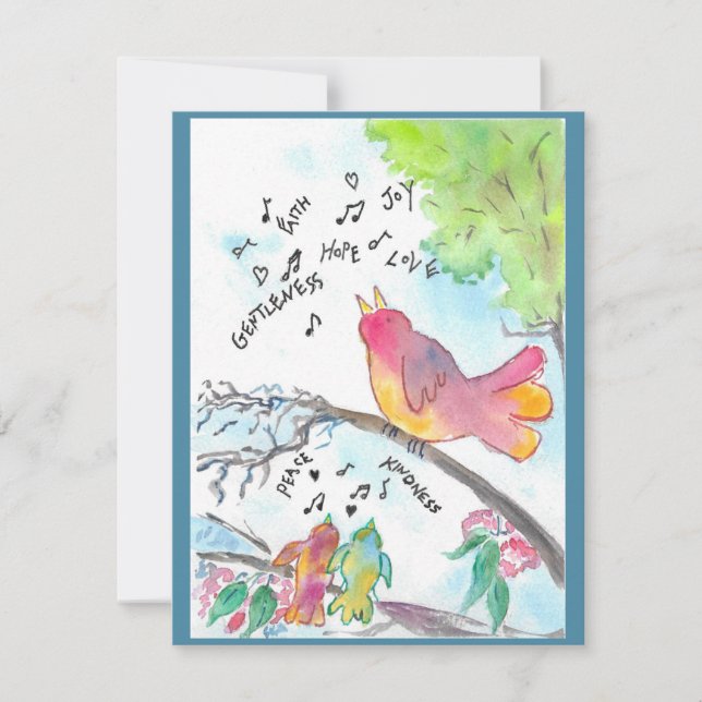 Whimsical Birds Christian Art Flat Notecard  (Front)