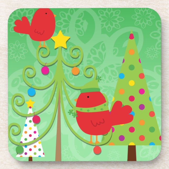 Whimsical Birds Christmas Coasters (Front)