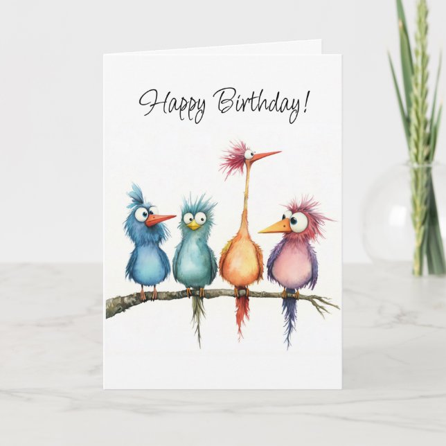 Whimsical Birds Group Happy Birthday Greeting Card (Front)