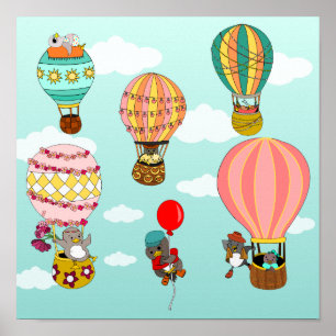 Whimsical Birds in Hot Air Balloons Illustration Poster