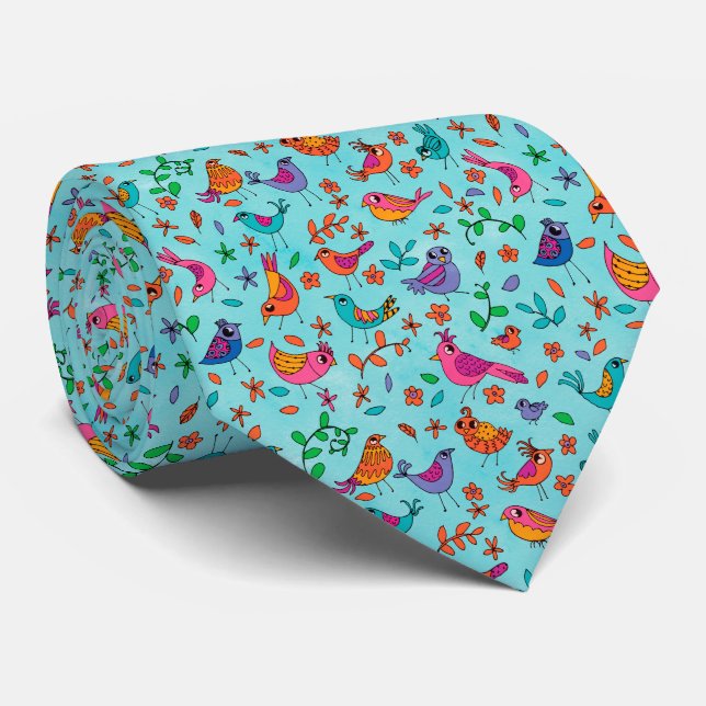 Whimsical Birds on Blue Pattern Neck Tie (Rolled)