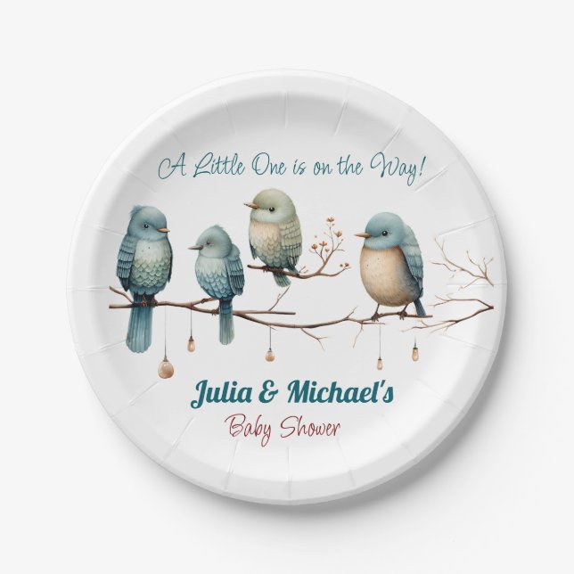 Whimsical Birds on Branches  Pastel Baby Shower Paper Plates (Front)