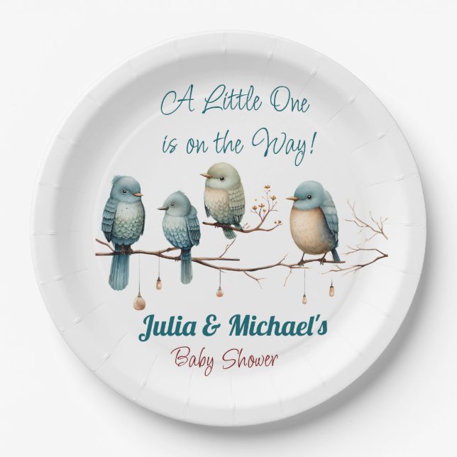 Whimsical Birds on Branches  Pastel Baby Shower Paper Plates (Front)