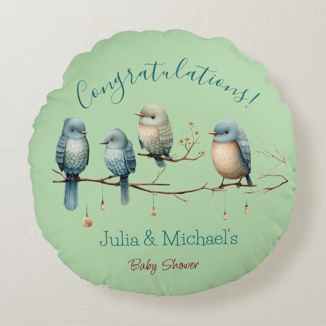Whimsical Birds on Branches  Pastel Baby Shower Round Pillow (Front)
