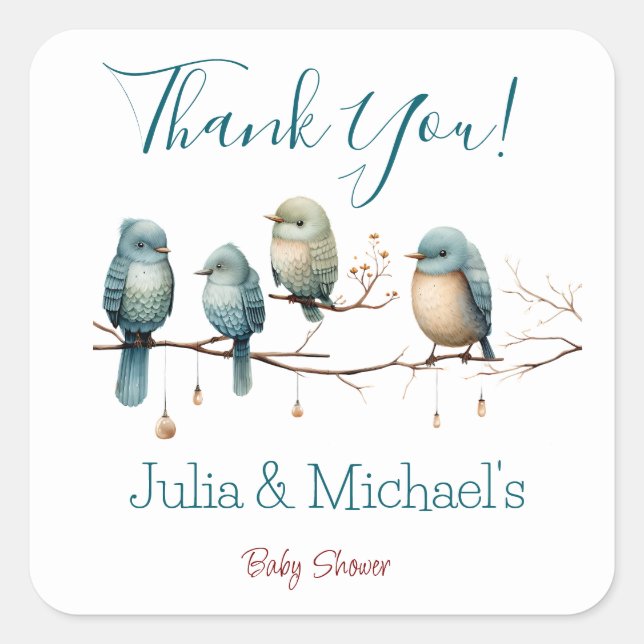 Whimsical Birds on Branches  Pastel Baby Shower Square Sticker (Front)