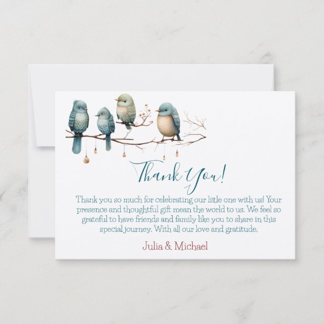 Whimsical Birds on Branches  Pastel Baby Shower Thank You Card (Front)