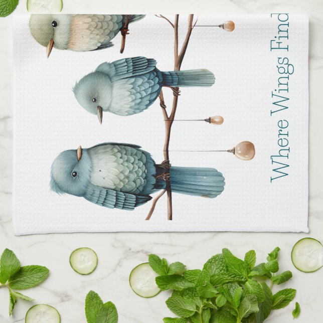 Whimsical Birds on Branches Timeless Elegance Kitchen Towel (Folded)