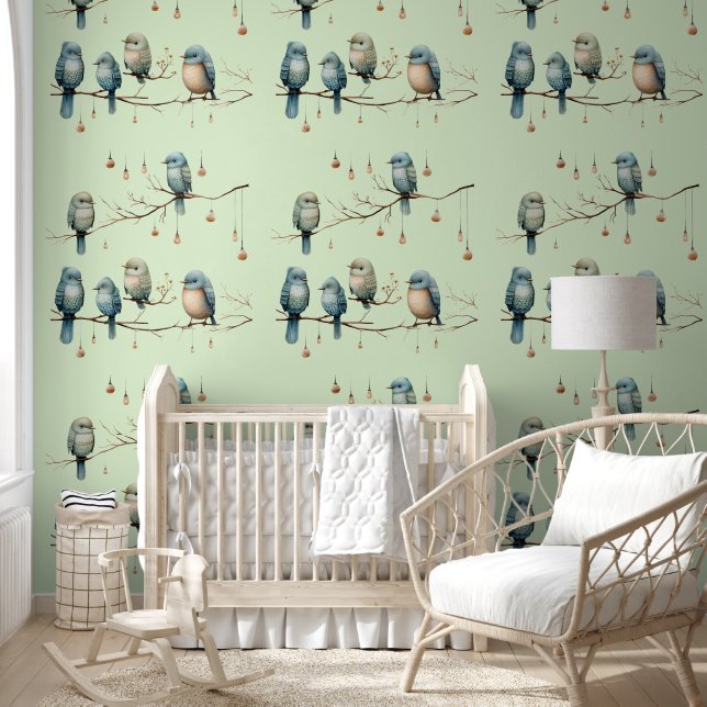 Whimsical Birds on Branches Vintage Style Wallpaper (Kids)