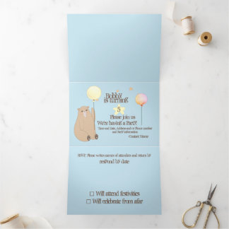 Whimsical Birthday Bear and Magical Friends RSVP Tri-Fold Invitation