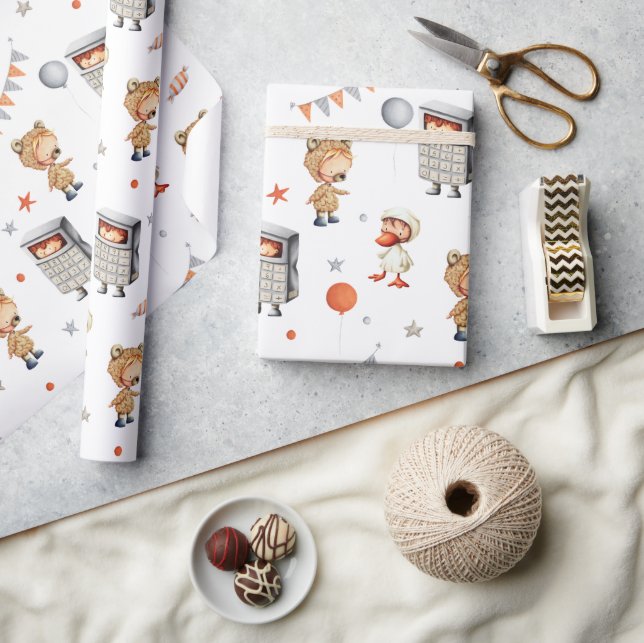 Whimsical Birthday Bear Duck Calculator Costume  Wrapping Paper (Crafts)