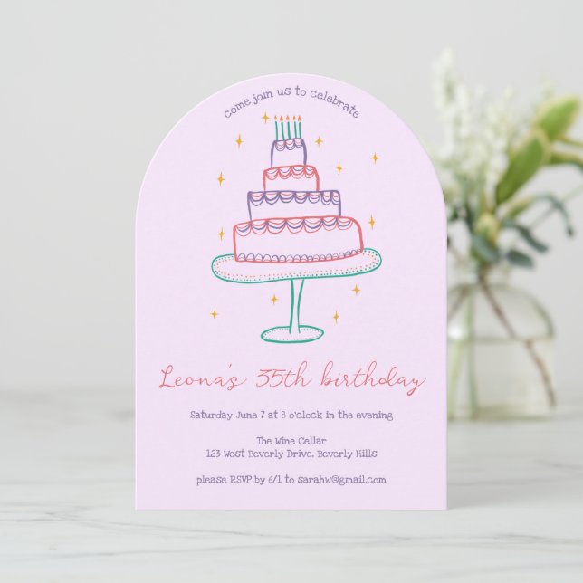 Whimsical Birthday Cake Custom Colorful Party Arch Invitation (Standing Front)